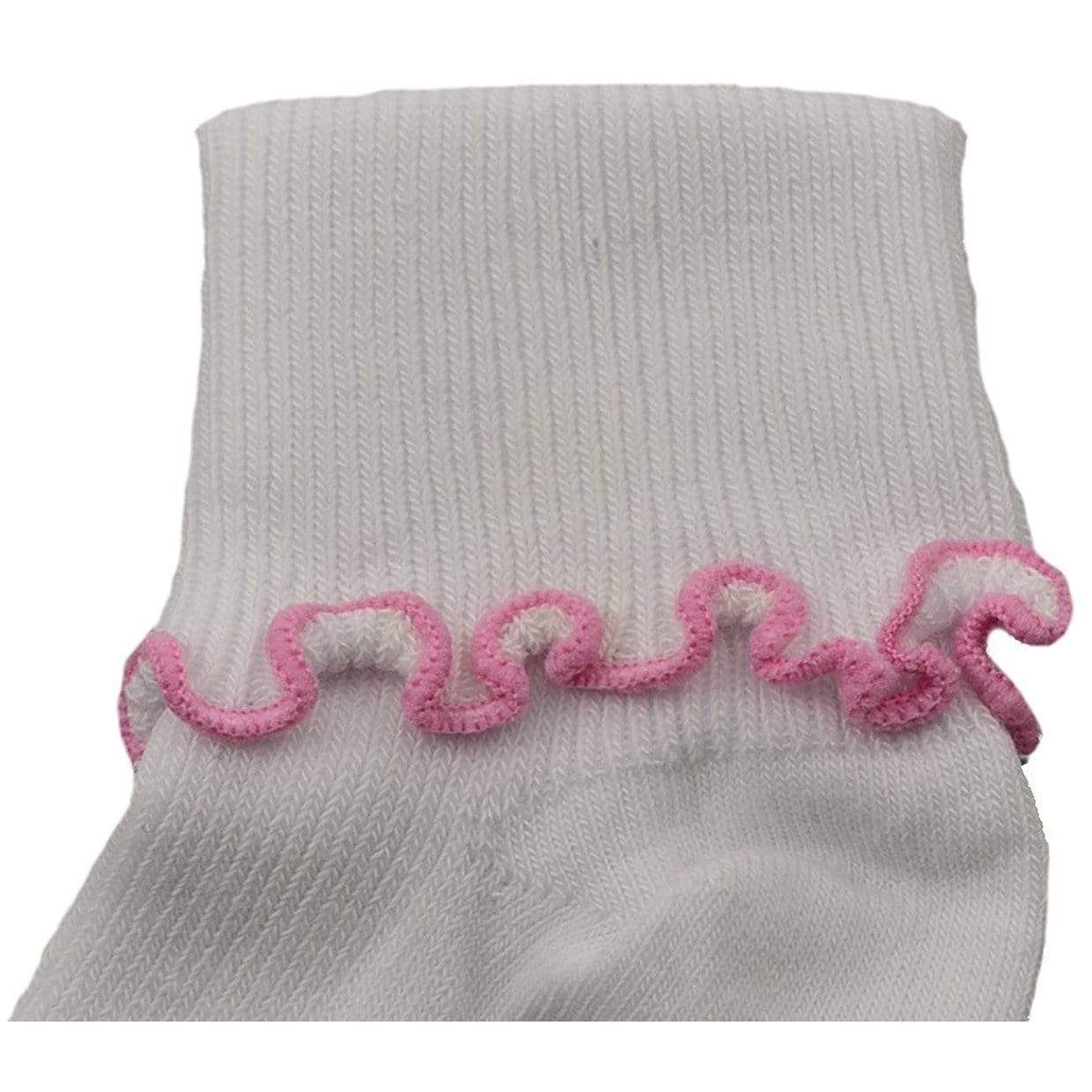 Girls Non-Skid Seamless Toe Socks in white with pink and white ruffle edges, showcasing a soft cotton material and non-skid dots on the bottom.