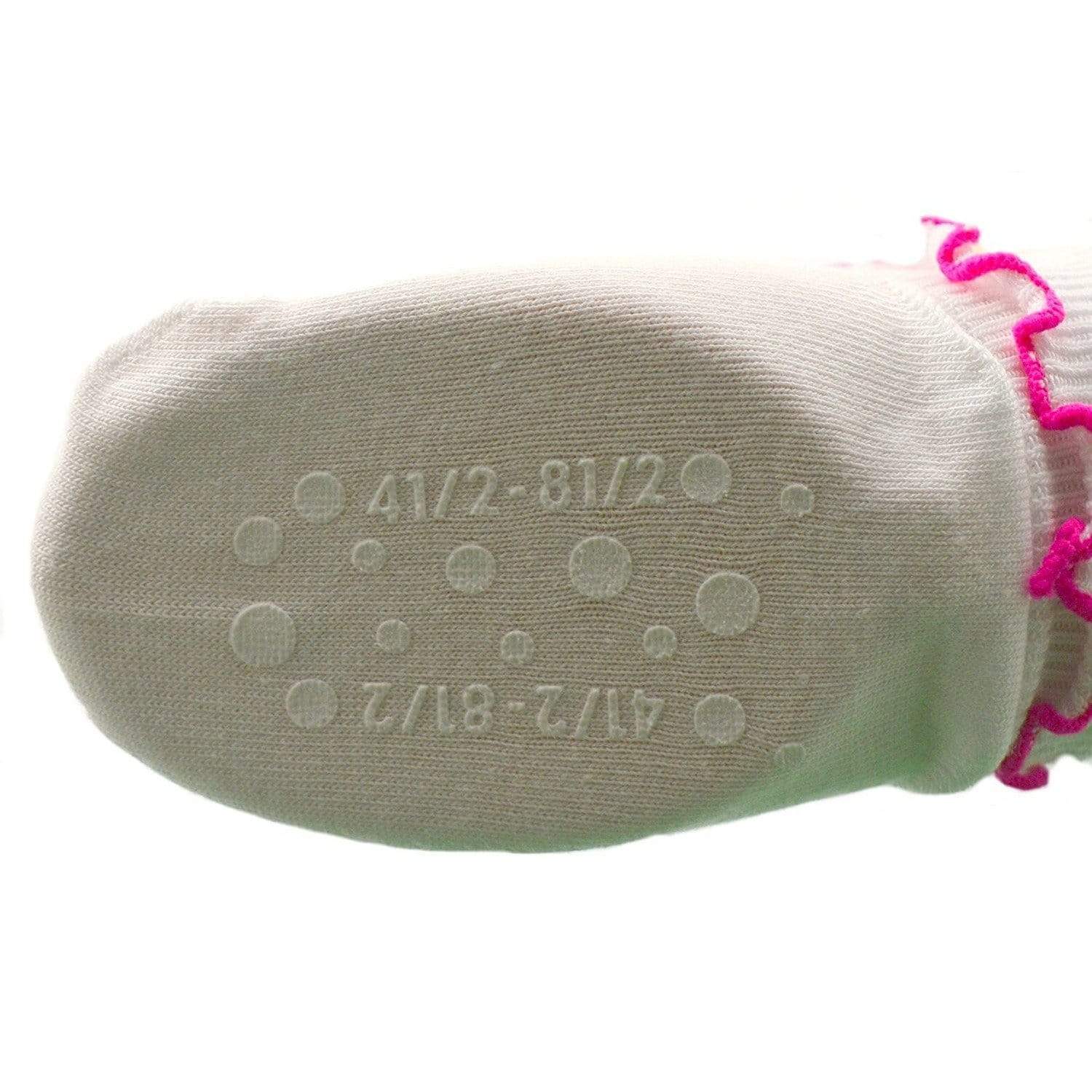 Girls Non-Skid Seamless Toe Socks in white with pink and white ruffle edges, showcasing a soft cotton material and non-skid dots on the bottom.
