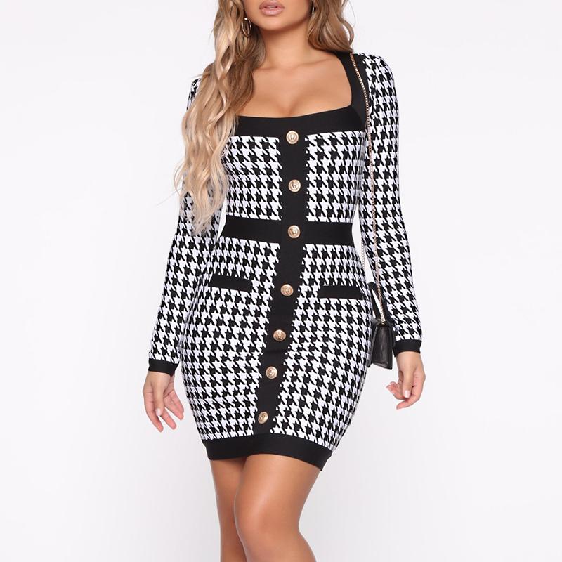Glamaker Black plaid buttons office wear dress for women, featuring long sleeves and a square collar, perfect for autumn.