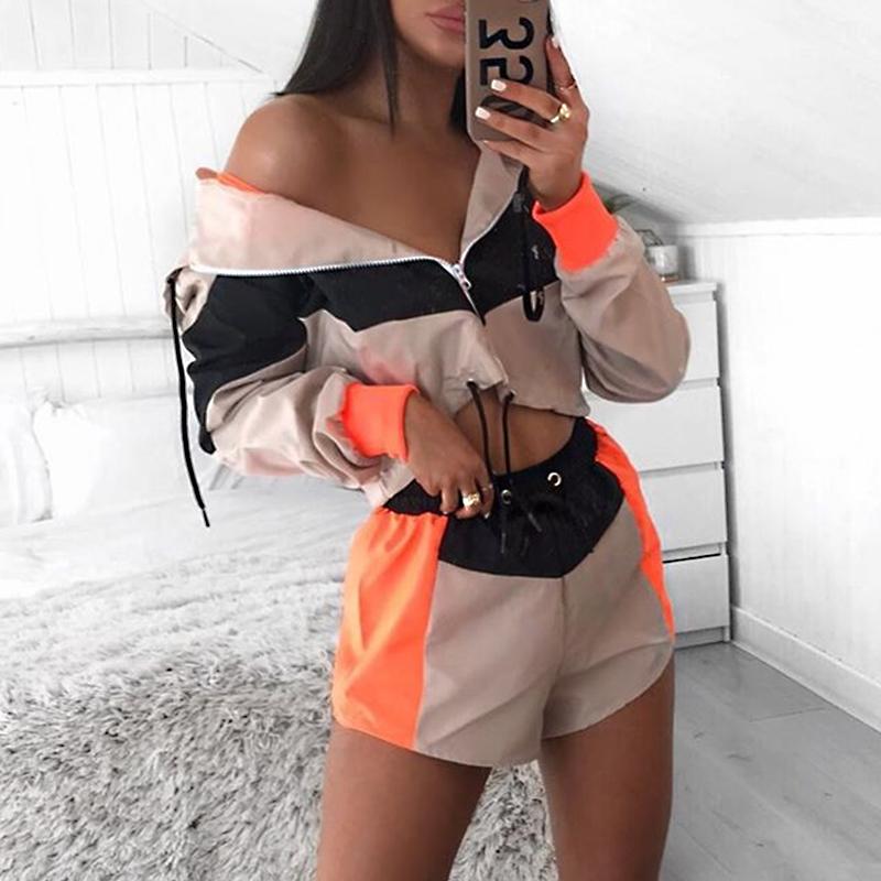 Glamaker Contrast Color 2 Piece Playsuit for women, featuring a geometric pattern and lace-up decoration, perfect for autumn wear.