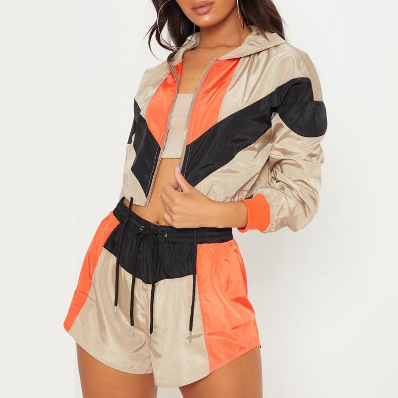Glamaker Contrast Color 2 Piece Playsuit for women, featuring a geometric pattern and lace-up decoration, perfect for autumn wear.