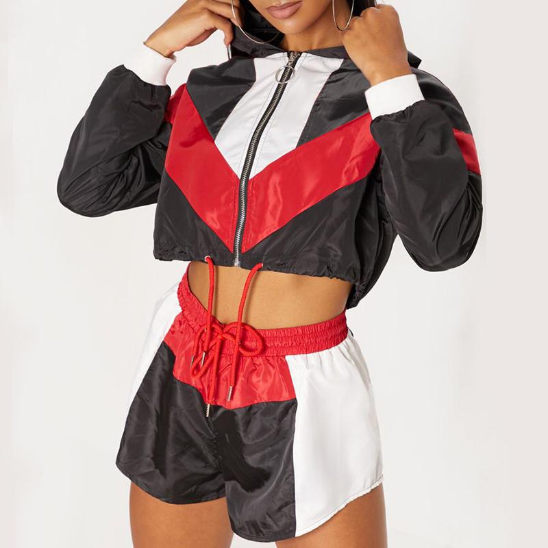 Glamaker Contrast Color 2 Piece Playsuit for women, featuring a geometric pattern and lace-up decoration, perfect for autumn wear.