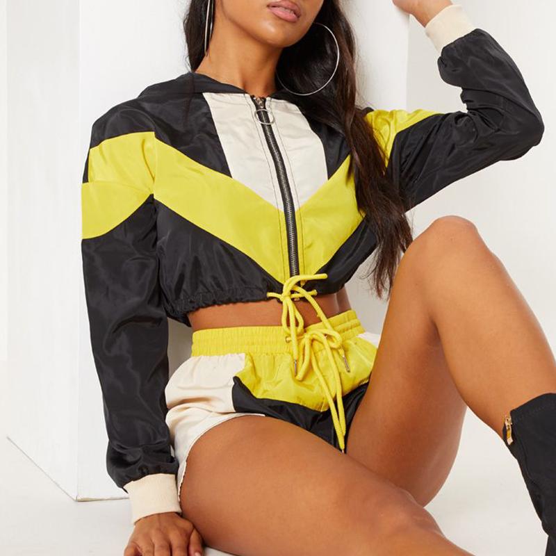 Glamaker Contrast Color 2 Piece Playsuit for women, featuring a geometric pattern and lace-up decoration, perfect for autumn wear.