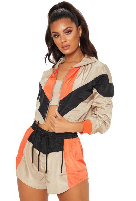 Glamaker Contrast Color 2 Piece Playsuit for women, featuring a geometric pattern and lace-up decoration, perfect for autumn wear.