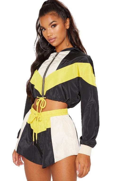 Glamaker Contrast Color 2 Piece Playsuit for women, featuring a geometric pattern and lace-up decoration, perfect for autumn wear.