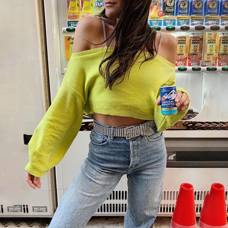 Glamaker Drill Chain Kelly Sweater featuring a sexy off-shoulder design with full-length sleeves, made from nylon and polyester, perfect for autumn.