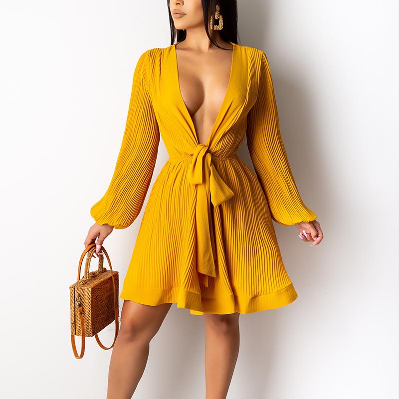 Glamaker Elegant deep V neck A-line dress featuring lantern sleeves and an empire waist, perfect for summer occasions.