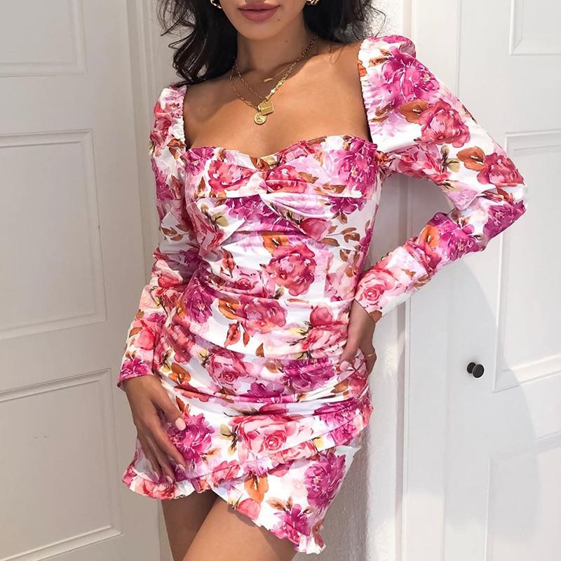 Glamaker floral print long puff sleeve winter dress featuring an elegant square neckline and vibrant floral patterns, perfect for autumn wear.