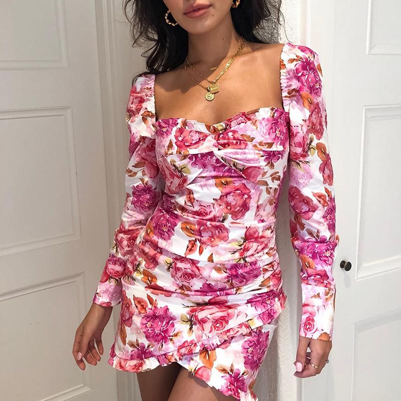 Glamaker floral print long puff sleeve winter dress featuring an elegant square neckline and vibrant floral patterns, perfect for autumn wear.