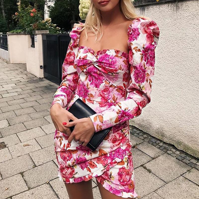 Glamaker floral print long puff sleeve winter dress featuring an elegant square neckline and vibrant floral patterns, perfect for autumn wear.