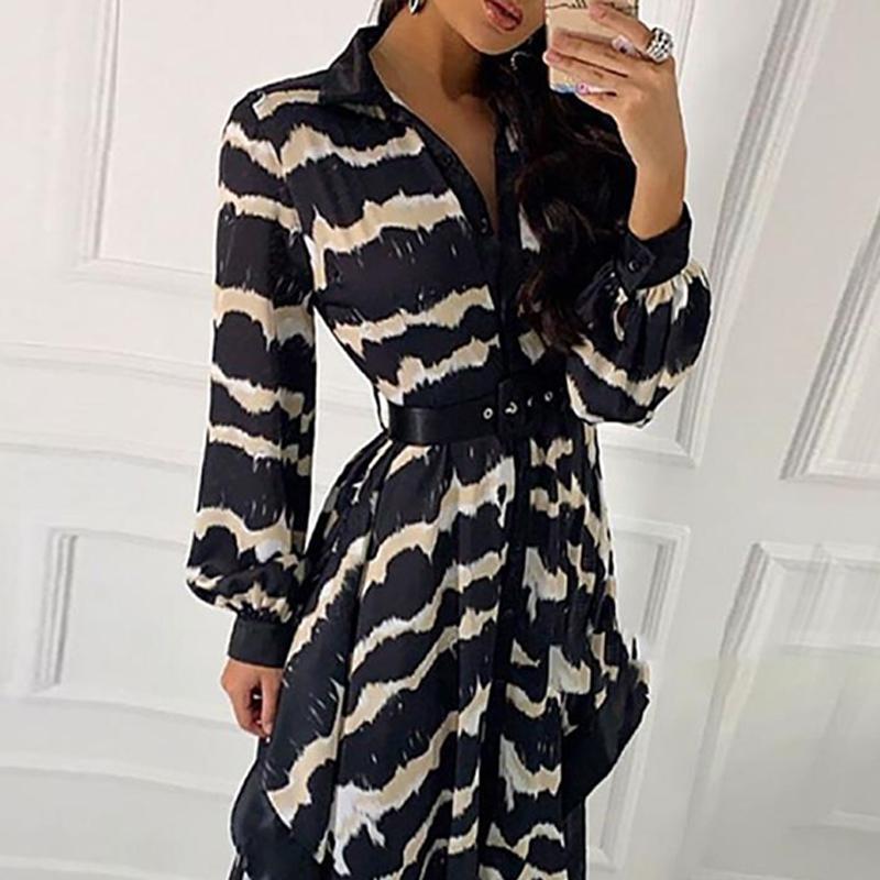 Glamaker Irregular Stripe Print Long Dress featuring an asymmetrical design, empire waist, and full sleeves, perfect for autumn wear.