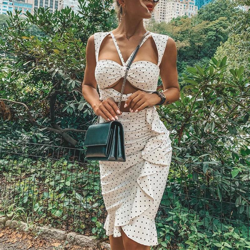 Glamaker Knitted Dot Print Hollow Out Dress featuring ruffles and a sheath silhouette, perfect for summer wear.