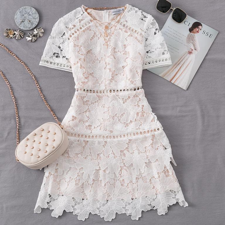 Glamaker Knitted One Piece Suit Lace Mini Dress featuring floral pattern, short sleeves, and empire waistline, perfect for autumn outings.