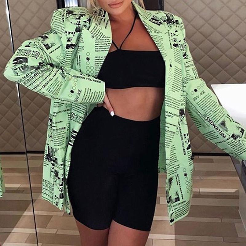 Glamaker women's green blazer jacket featuring a newspaper letter print design, with full-length sleeves and a notched collar.