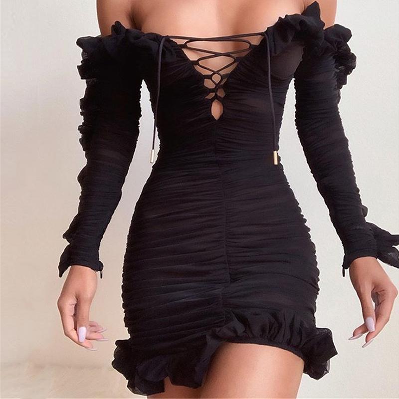 Glamaker Off Shoulder Ruffle Lace Up Bodycon Dress featuring a stylish A-line silhouette, ruffles, and a sexy backless design, perfect for winter outings.
