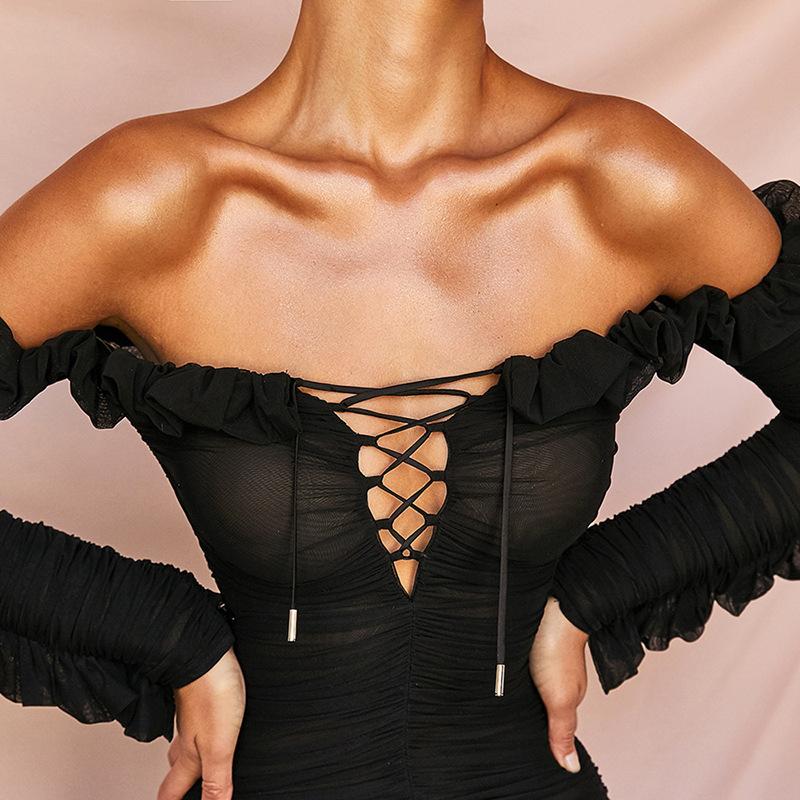 Glamaker Off Shoulder Ruffle Lace Up Bodycon Dress featuring a stylish A-line silhouette, ruffles, and a sexy backless design, perfect for winter outings.