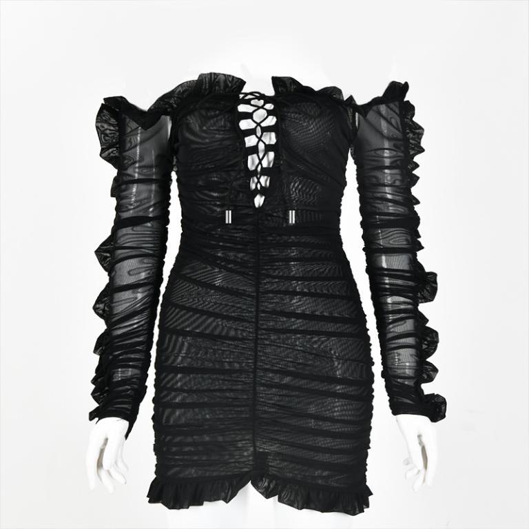 Glamaker Off Shoulder Ruffle Lace Up Bodycon Dress featuring a stylish A-line silhouette, ruffles, and a sexy backless design, perfect for winter outings.