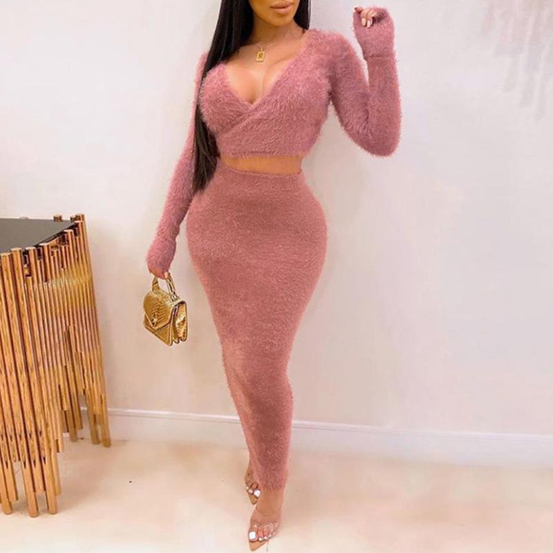 Glamaker Pink Two Set Piece V-Neck Long Sleeve Spring Dress displayed on a mannequin, showcasing its elegant design and casual style.