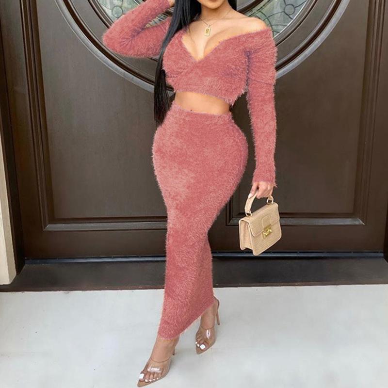 Glamaker Pink Two Set Piece V-Neck Long Sleeve Spring Dress displayed on a mannequin, showcasing its elegant design and casual style.