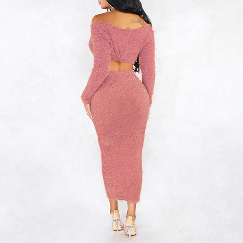 Glamaker Pink Two Set Piece V-Neck Long Sleeve Spring Dress displayed on a mannequin, showcasing its elegant design and casual style.