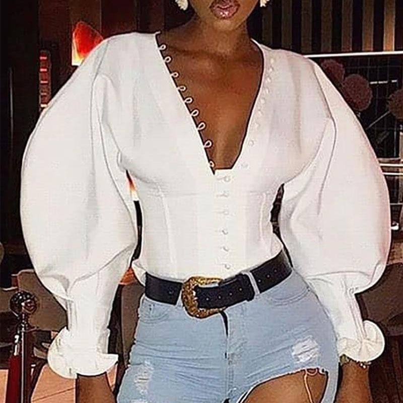 Glamaker Plus Size V-Neck Blouse for Women with long batwing sleeves, made from polyester and spandex, featuring a stylish button decoration.