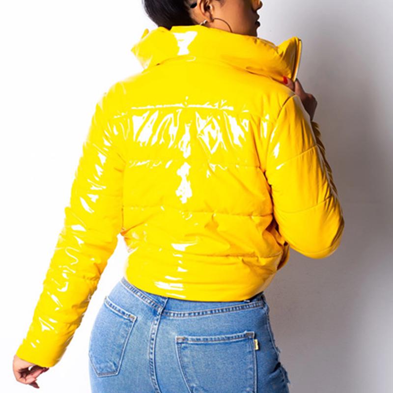 Glamaker PU short coat jacket for women with long sleeves, zipper closure, and stand collar, perfect for clubbing and casual wear.