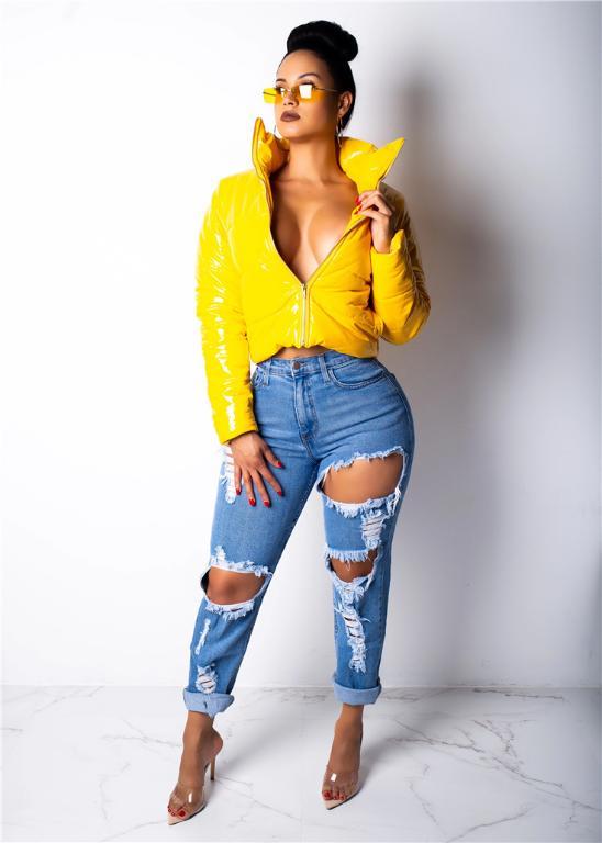 Glamaker PU short coat jacket for women with long sleeves, zipper closure, and stand collar, perfect for clubbing and casual wear.