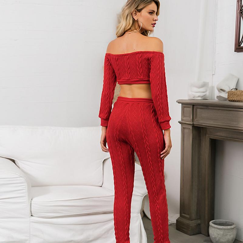 Glamaker Red Off Shoulder Knitted Jumpsuit featuring long sleeves and lace-up decoration, perfect for autumn and winter fashion.