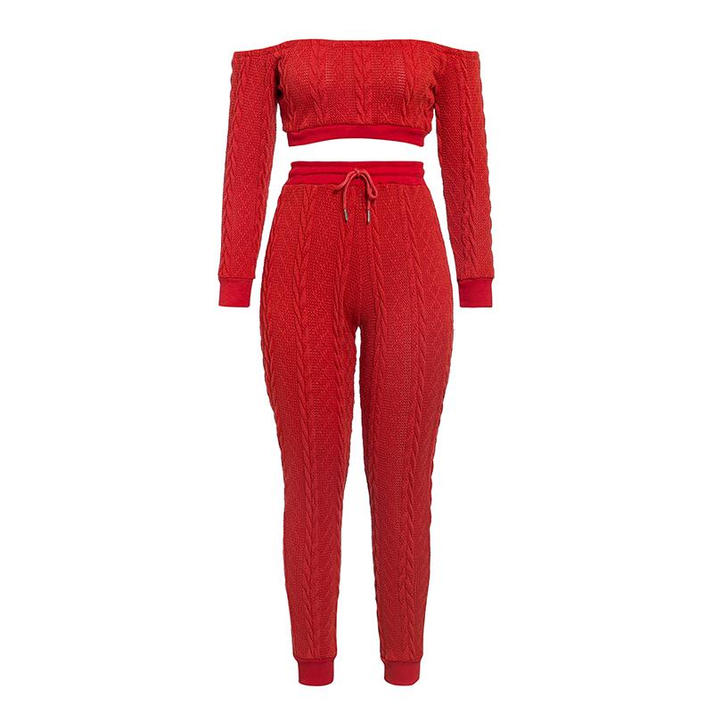 Glamaker Red Off Shoulder Knitted Jumpsuit featuring long sleeves and lace-up decoration, perfect for autumn and winter fashion.