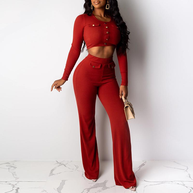 Glamaker Red Wine Sexy Buttons Jumpsuit featuring a solid design, stylish buttons, and a comfortable knitted fabric, perfect for elegant occasions.