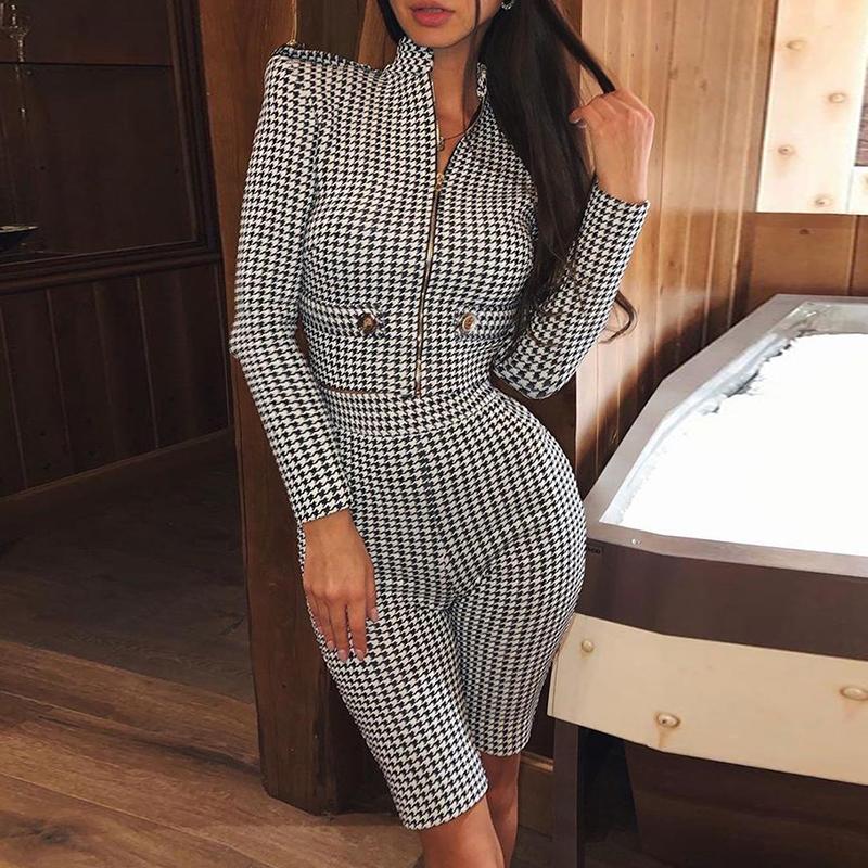 Glamaker Two Piece Long Sleeve Jumpsuit featuring a stylish houndstooth pattern and zipper detail, perfect for women.