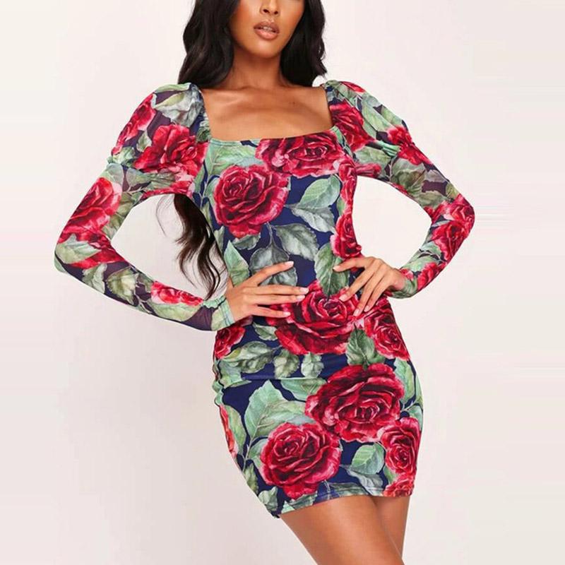 Glamaker Vintage high waist floral print bodycon dress featuring a square collar and lantern sleeves, perfect for spring occasions.