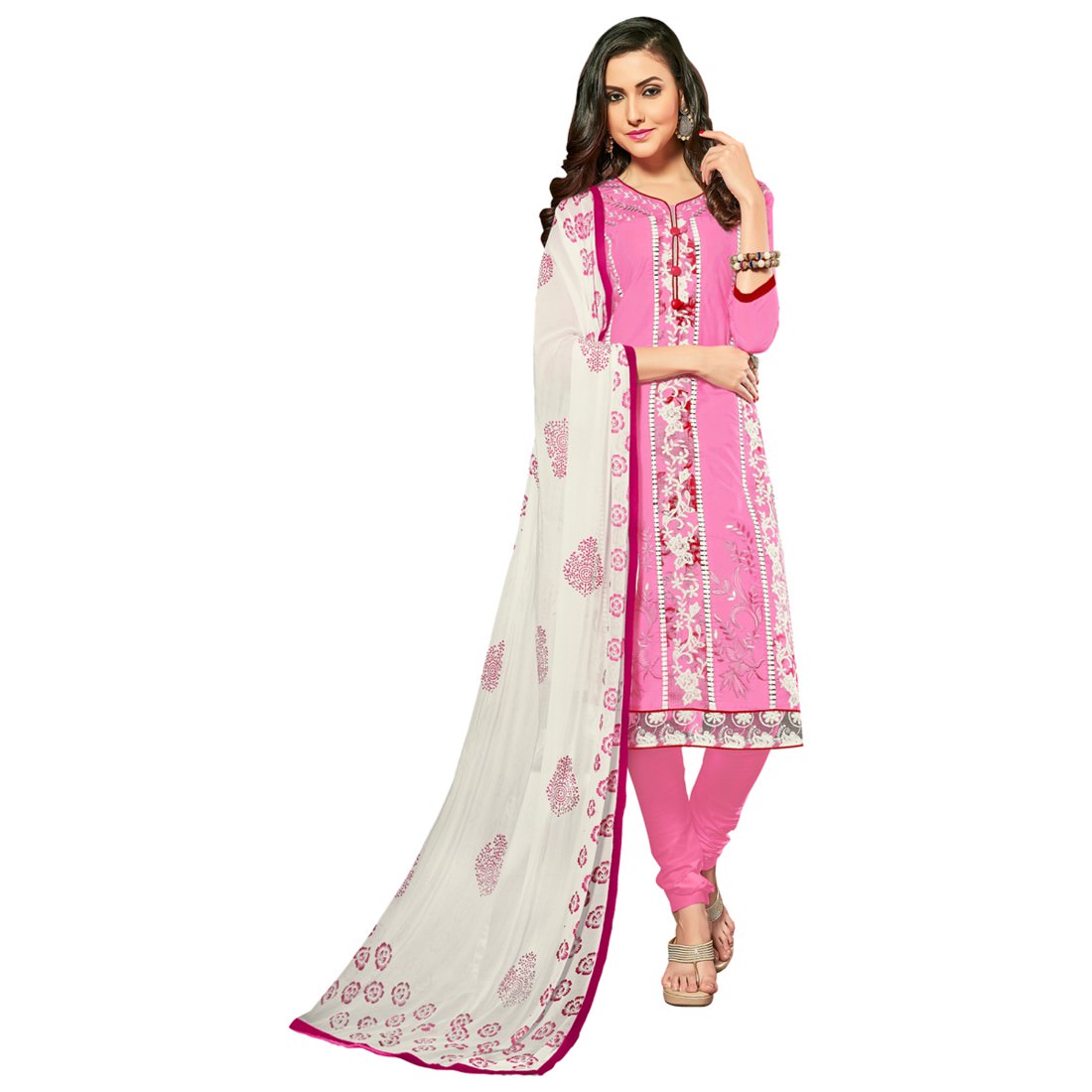 Woman in pink and white salwar kameez.