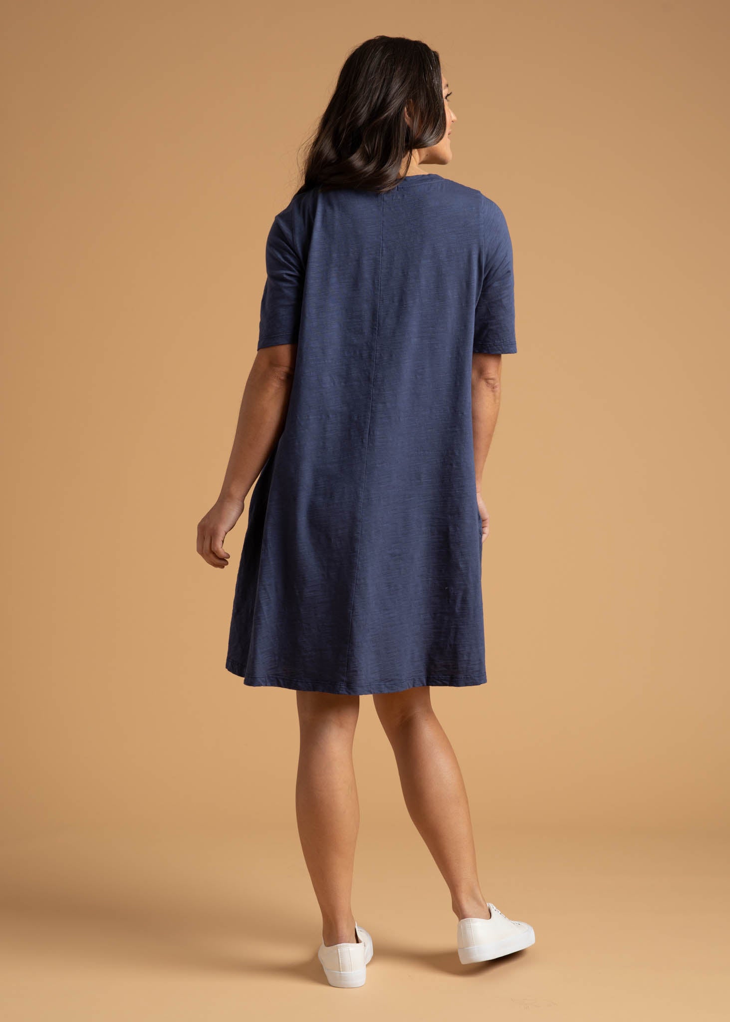 Good Tee Dress in Inky Blue, featuring a reversible design, side pockets, and made from organic cotton.
