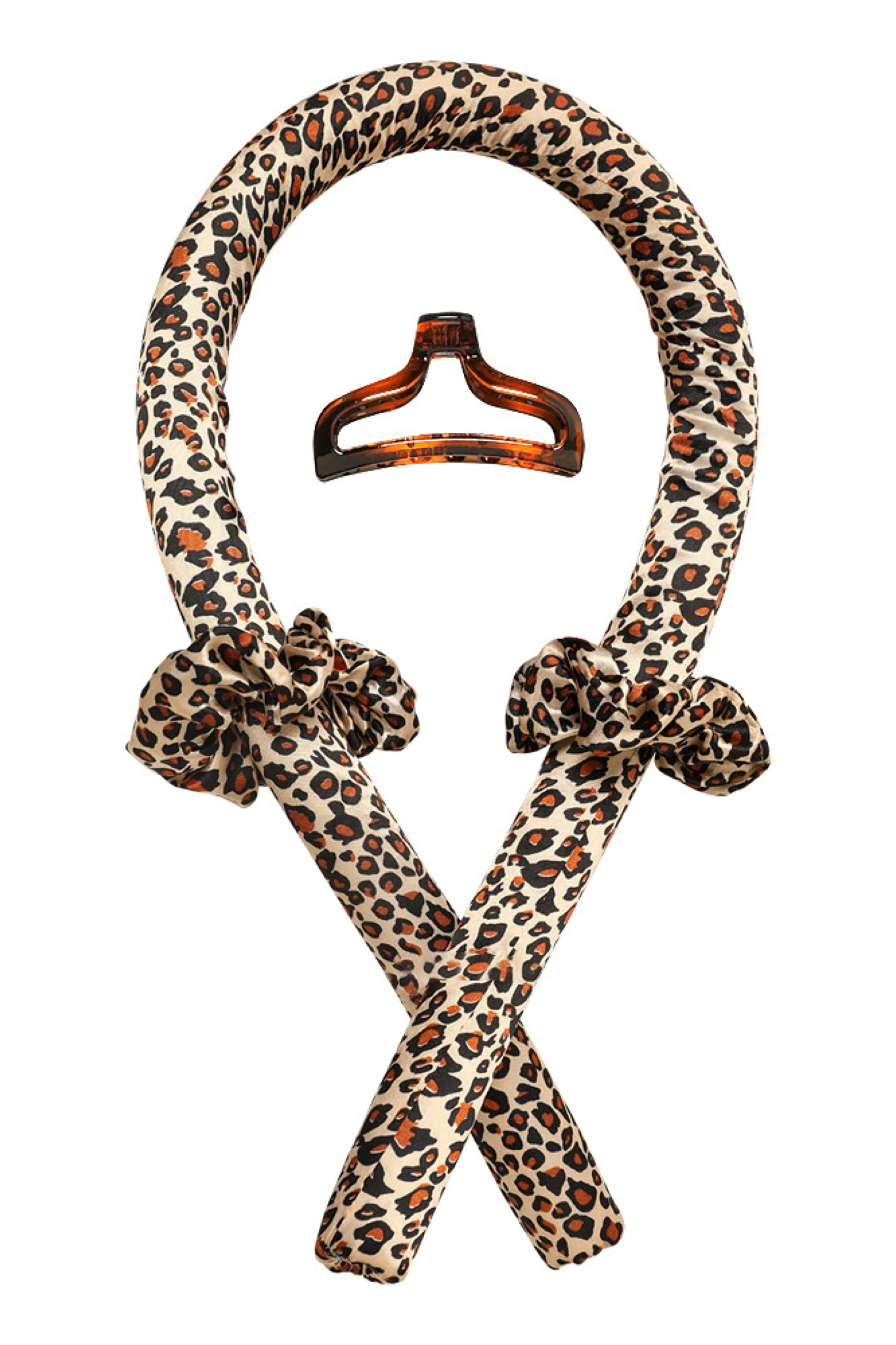 Got Your Back Heatless Curling Set in Leopard featuring satin scrunchies, a claw hair clip, and a curling rod.
