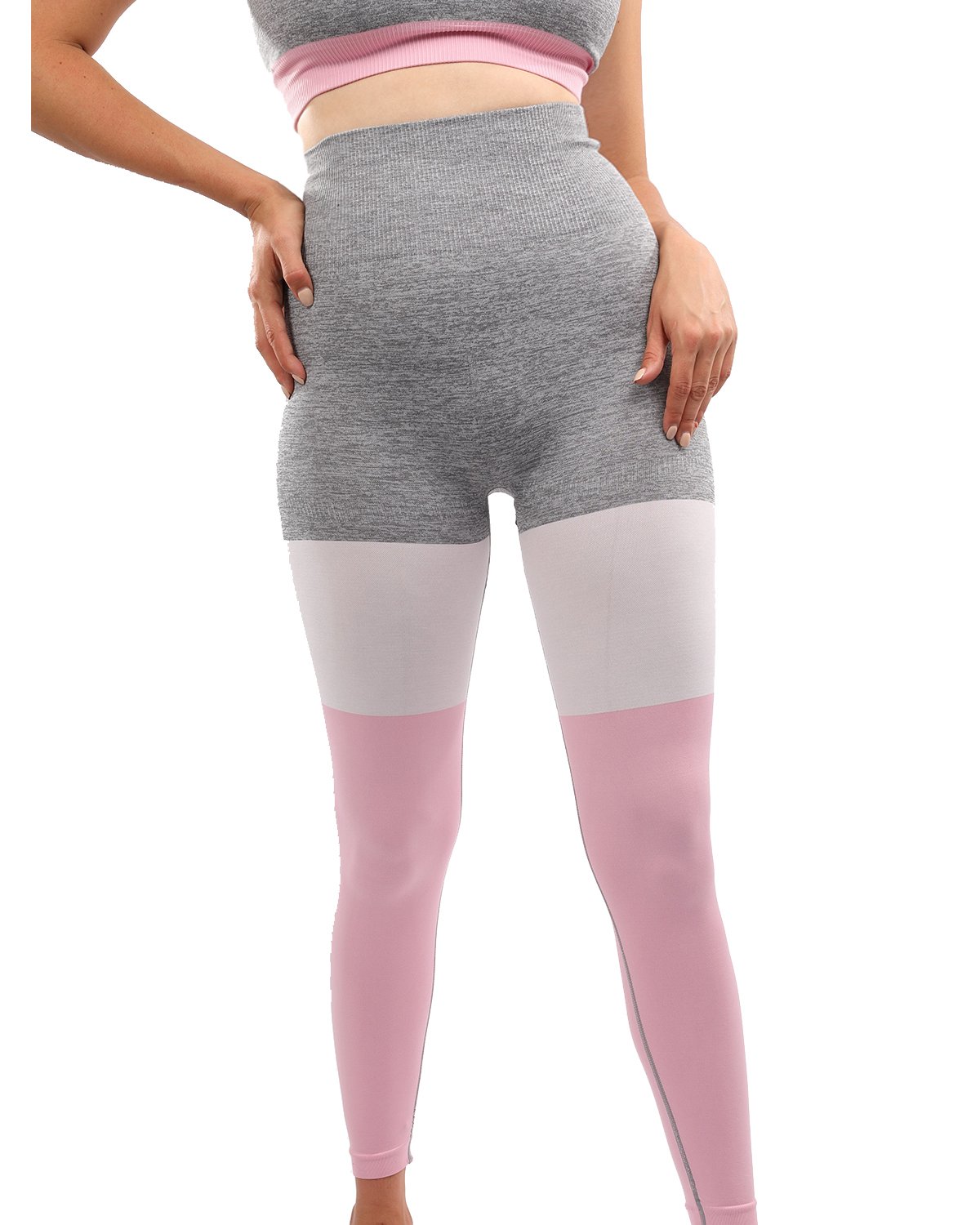 Graca Seamless Leggings in grey with pink and white panels, showcasing a stylish and comfortable design for workouts.