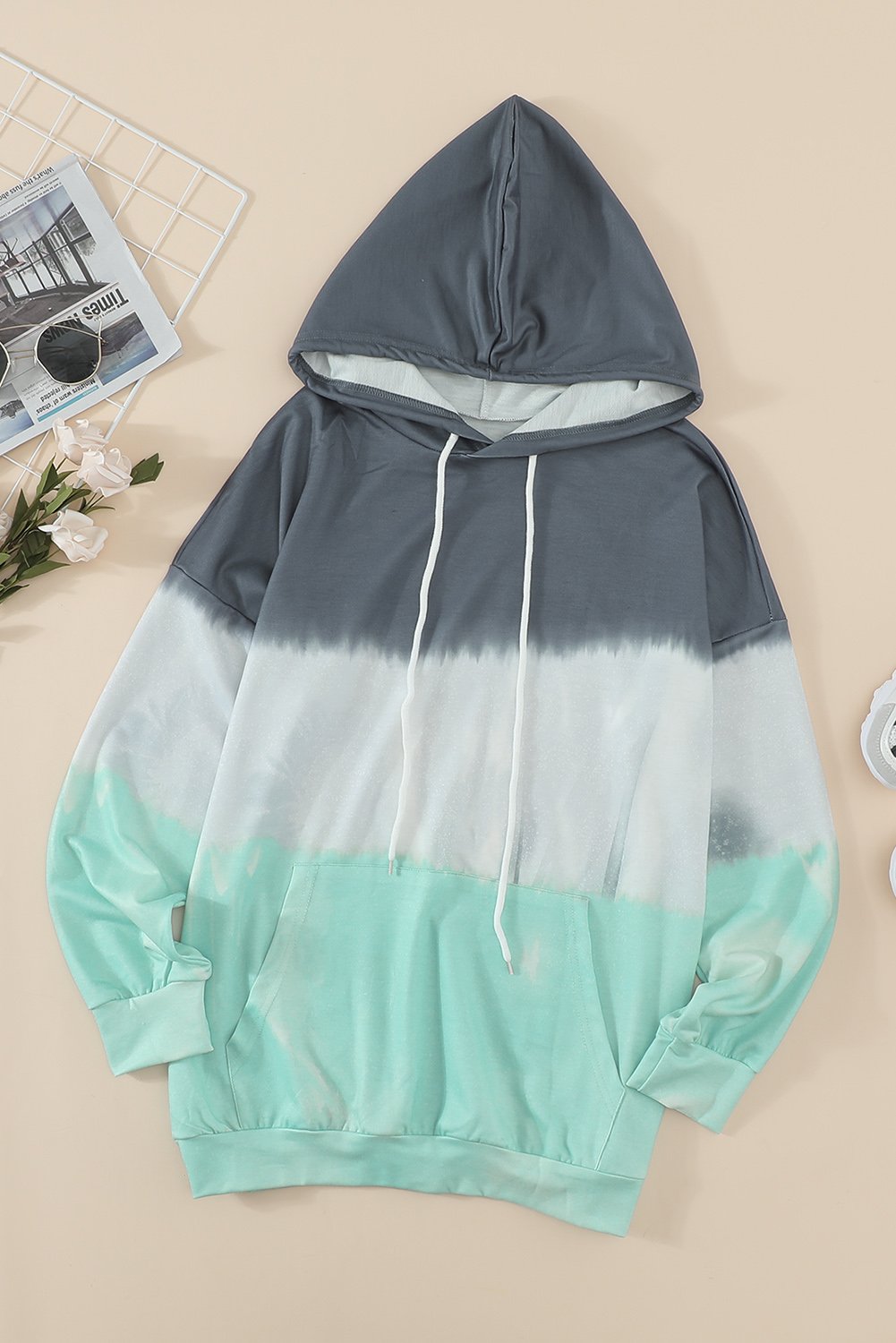 Gradient Long Sleeve Pullover Hoodie featuring a stylish tie-dye print, adjustable drawstring hood, and kangaroo pocket.