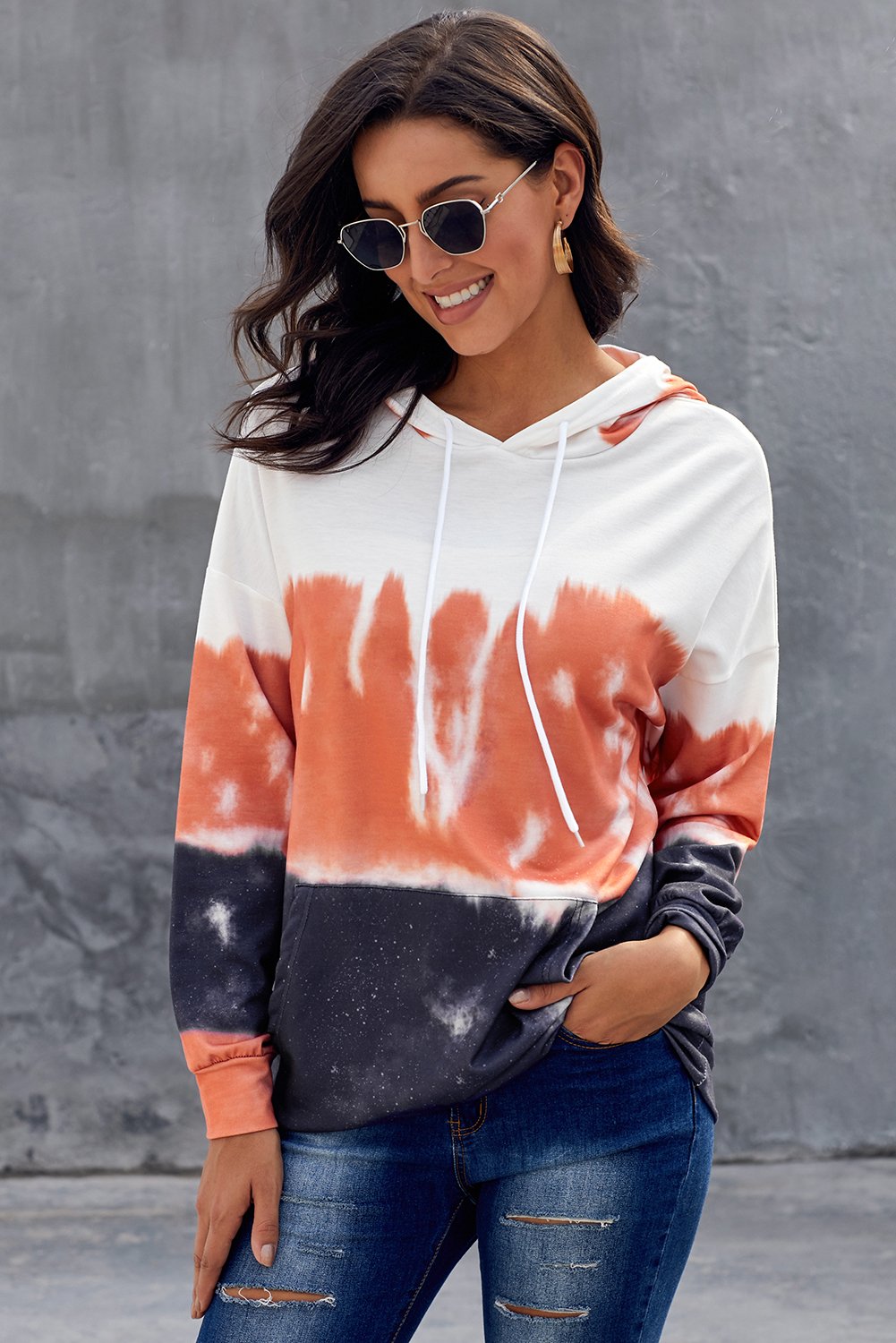 Gradient Long Sleeve Pullover Hoodie featuring a stylish tie-dye print, adjustable drawstring hood, and kangaroo pocket.