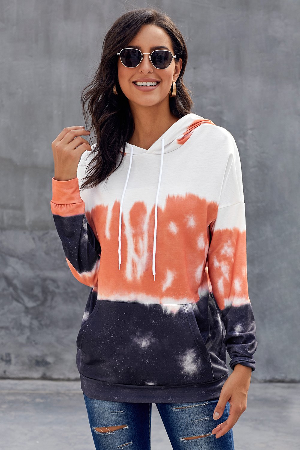 Gradient Long Sleeve Pullover Hoodie featuring a stylish tie-dye print, adjustable drawstring hood, and kangaroo pocket.
