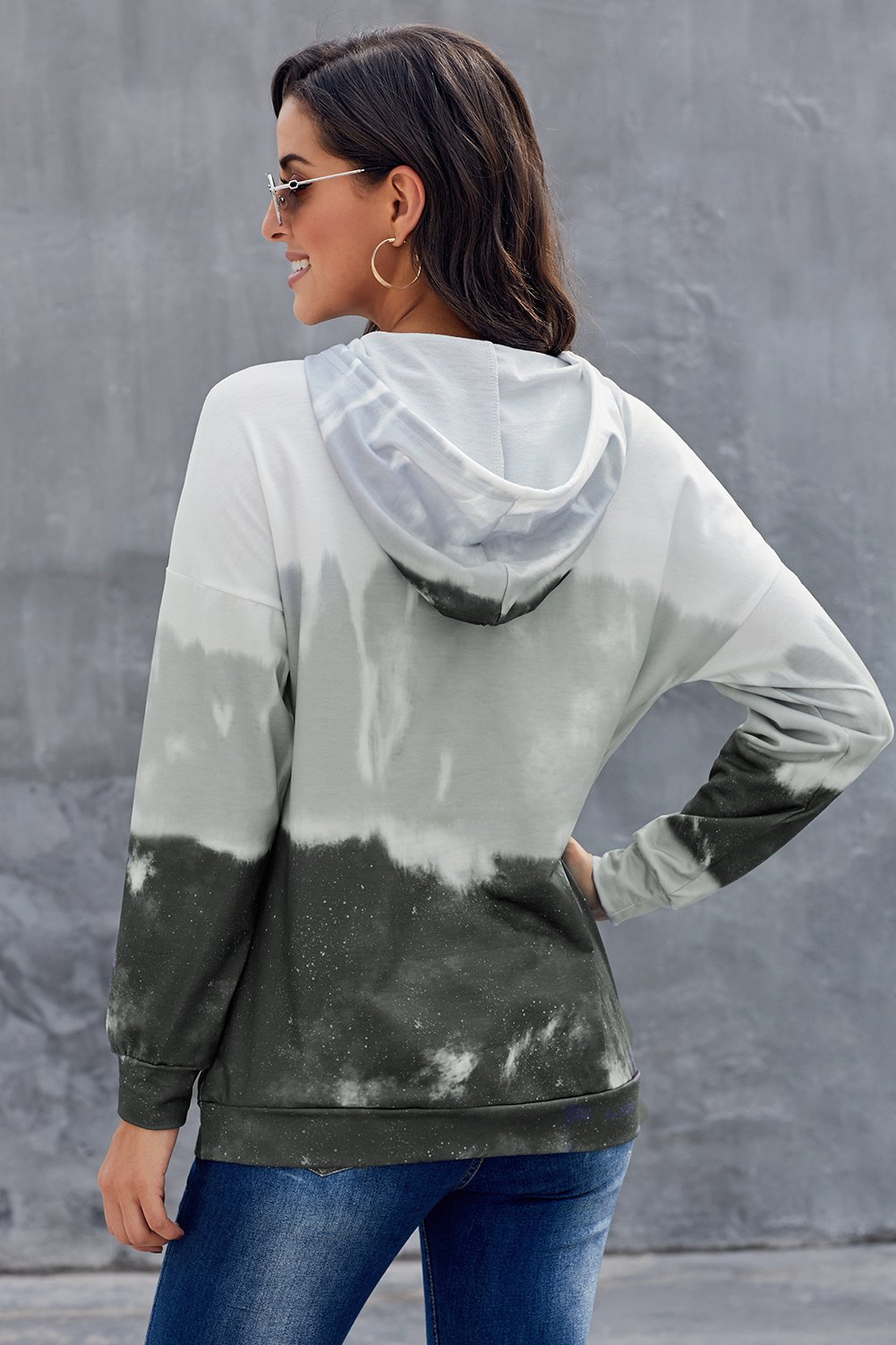 Gradient Long Sleeve Pullover Hoodie featuring a stylish tie-dye print, adjustable drawstring hood, and kangaroo pocket.