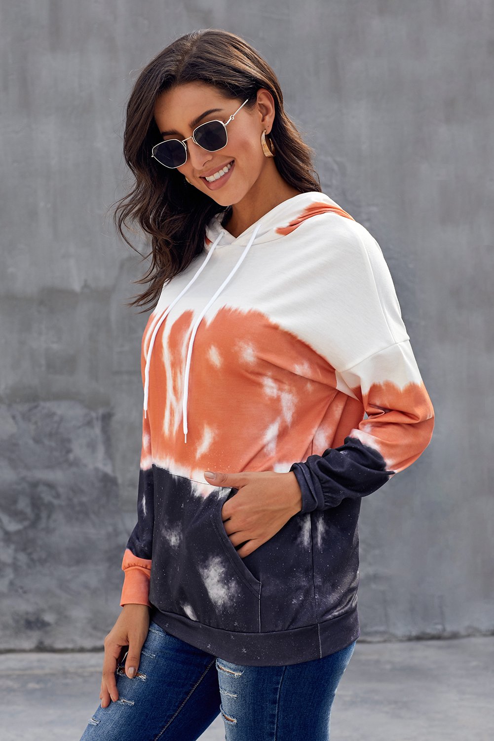 Gradient Long Sleeve Pullover Hoodie featuring a stylish tie-dye print, adjustable drawstring hood, and kangaroo pocket.