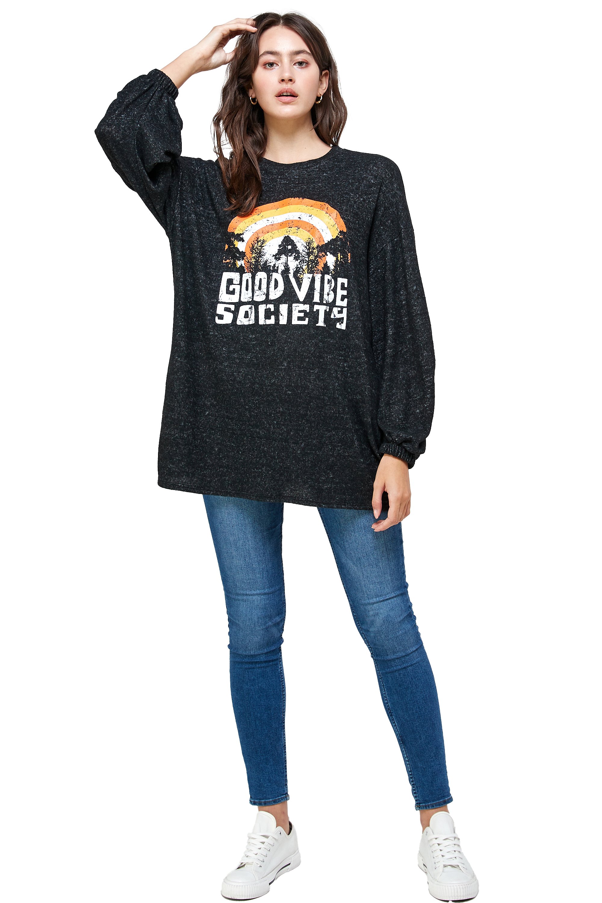 Brushed knit loose fit sweatshirt with trendy screen print design, modeled by a woman standing at 5'-8" wearing size Small.