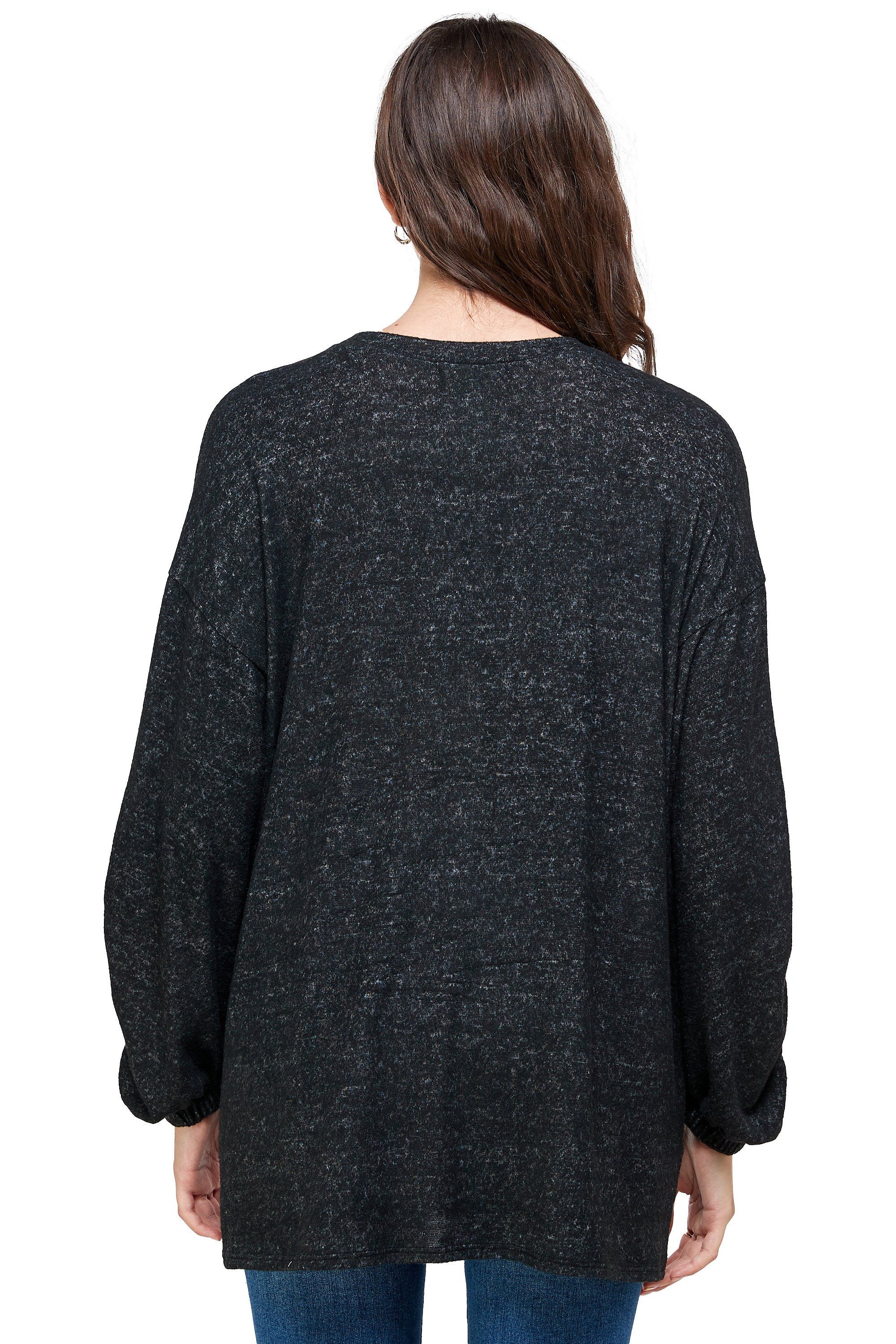 Brushed knit loose fit sweatshirt with trendy screen print design, modeled by a woman standing at 5'-8" wearing size Small.