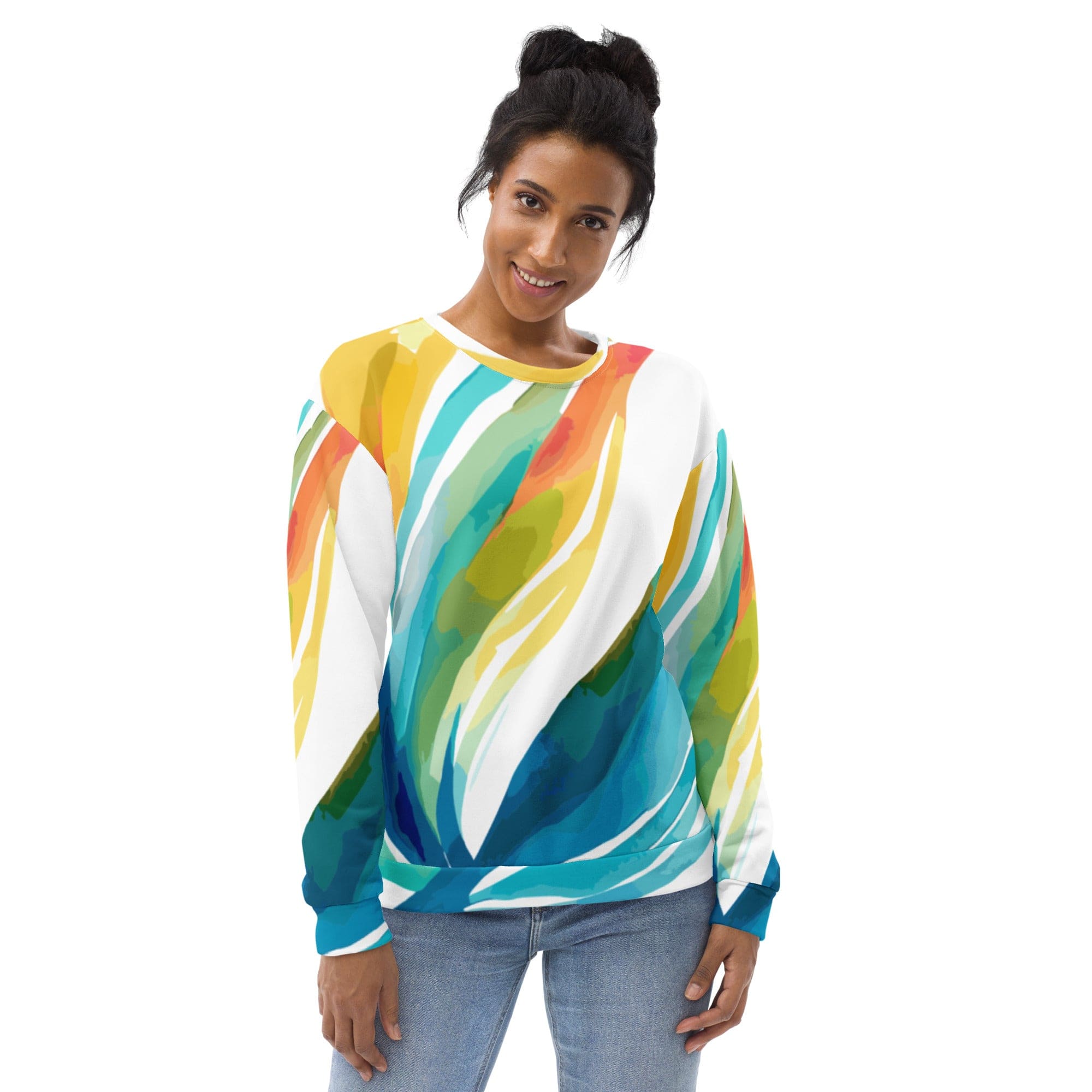 A stylish women's graphic sweatshirt featuring a Strength and Courage design, showcasing vibrant colors and a comfortable fit.