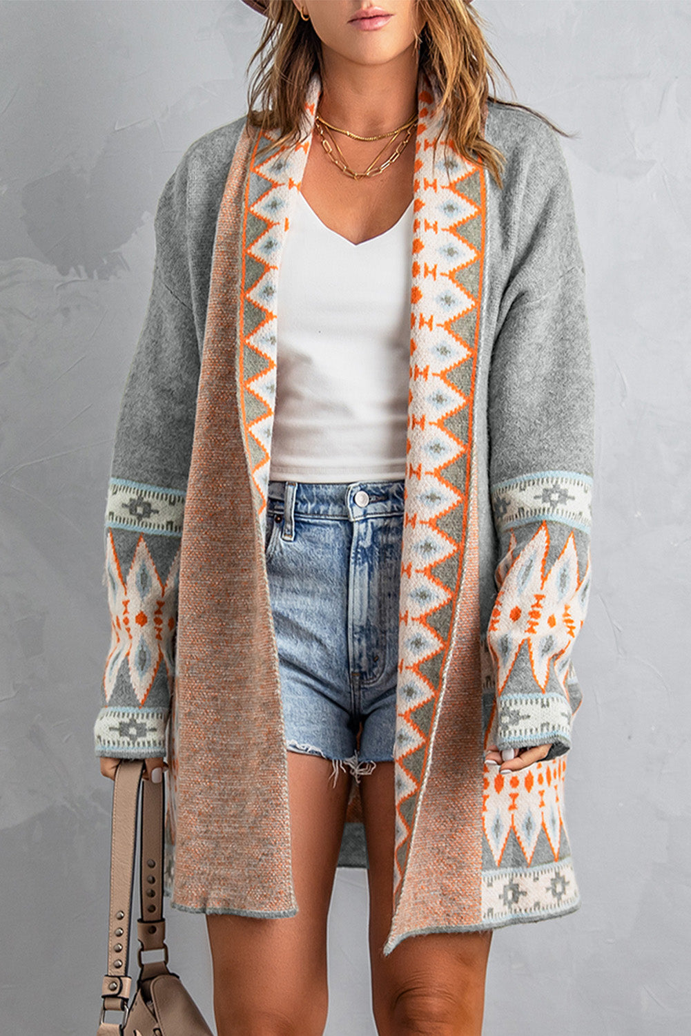 Gray Aztec Print Open Front Knitted Cardigan showcasing intricate patterns and long sleeves, perfect for layering.