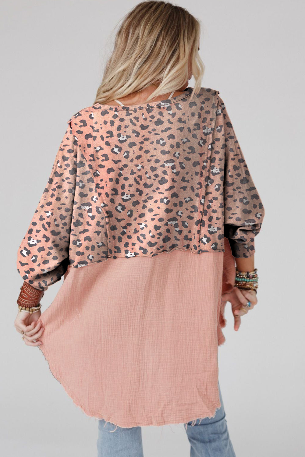 Gray Leopard Patchwork Raw Edge Oversized Top featuring a loose fit and edgy raw hem design, perfect for casual wear.