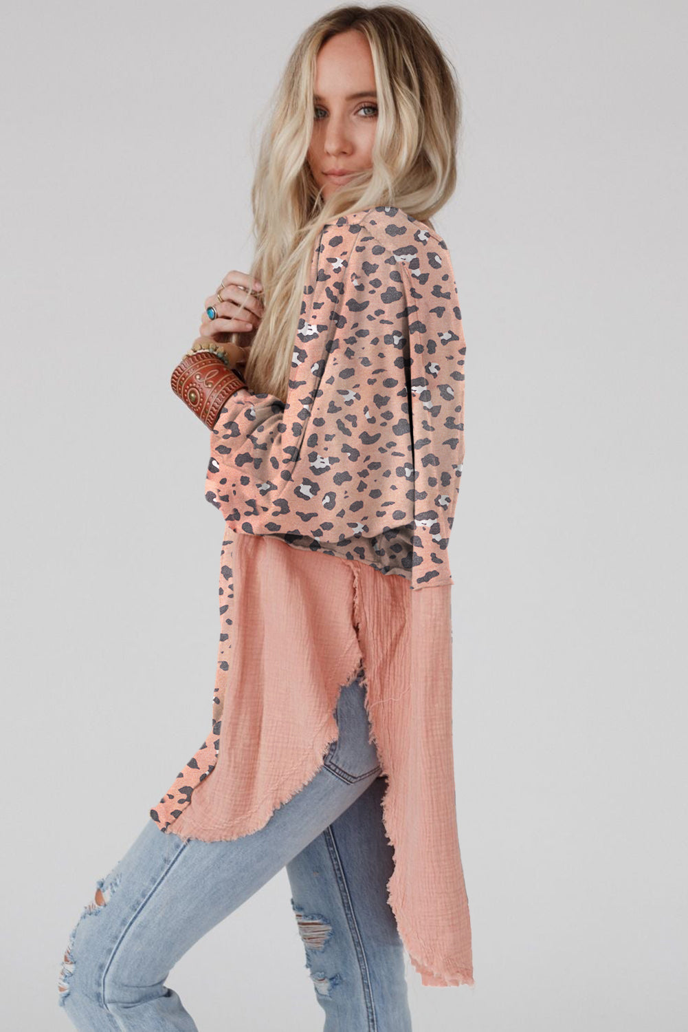 Gray Leopard Patchwork Raw Edge Oversized Top featuring a loose fit and edgy raw hem design, perfect for casual wear.