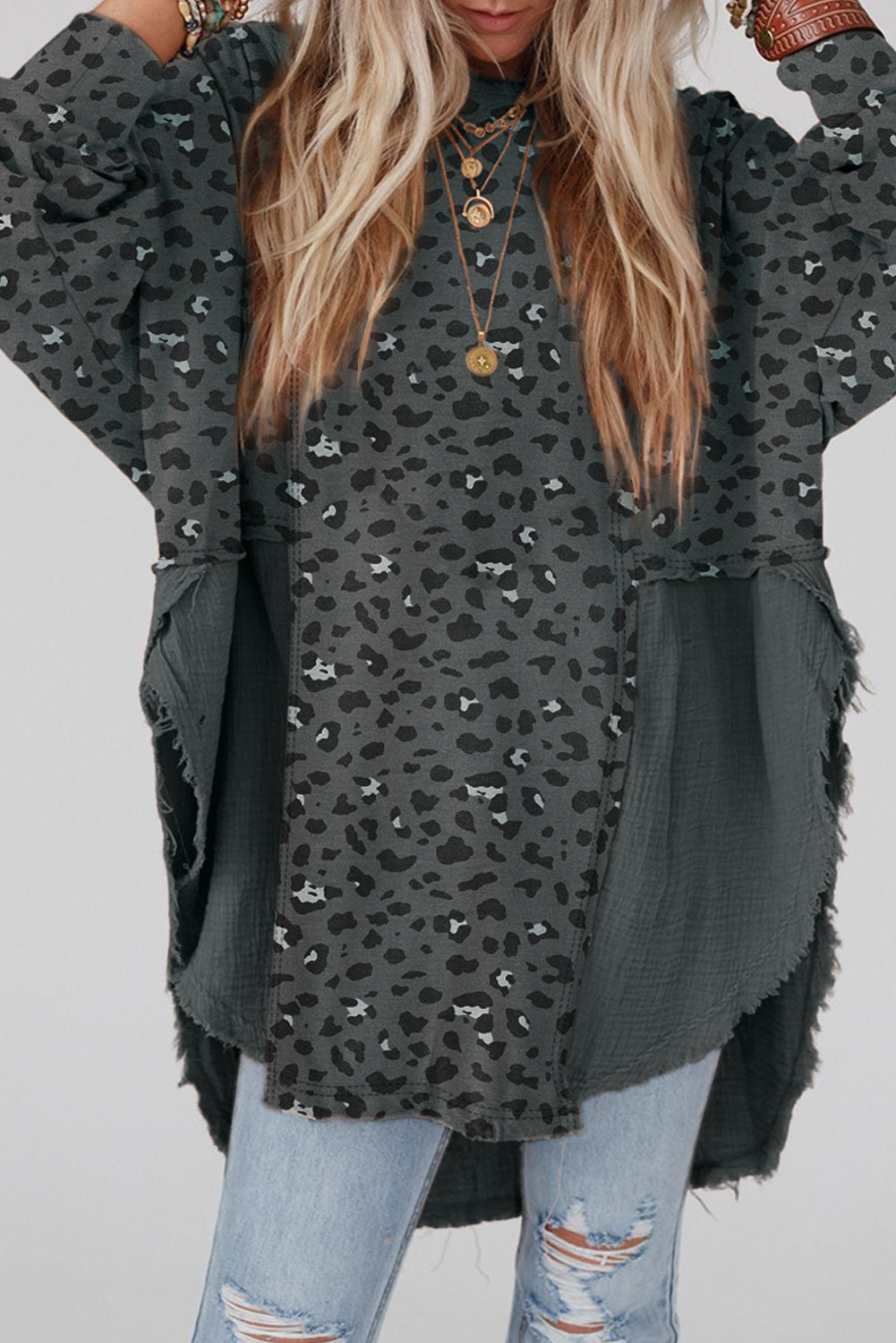 Gray Leopard Patchwork Raw Edge Oversized Top featuring a loose fit and edgy raw hem design, perfect for casual wear.