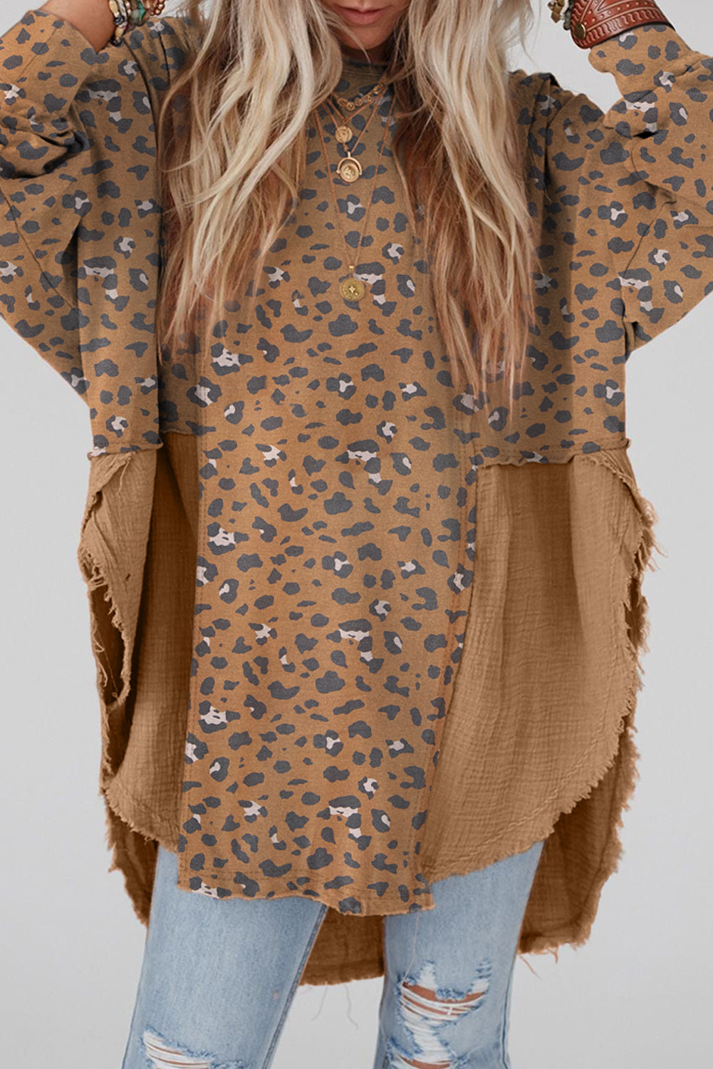 Gray Leopard Patchwork Raw Edge Oversized Top featuring a loose fit and edgy raw hem design, perfect for casual wear.