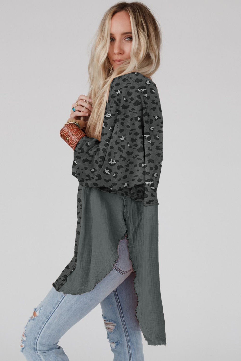 Gray Leopard Patchwork Raw Edge Oversized Top featuring a loose fit and edgy raw hem design, perfect for casual wear.